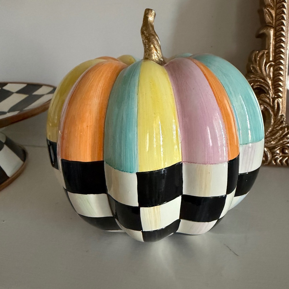 Mackenzie Childs Cotton Candy Mini Check & Stripe Pumpkin Halloween Fall Decor